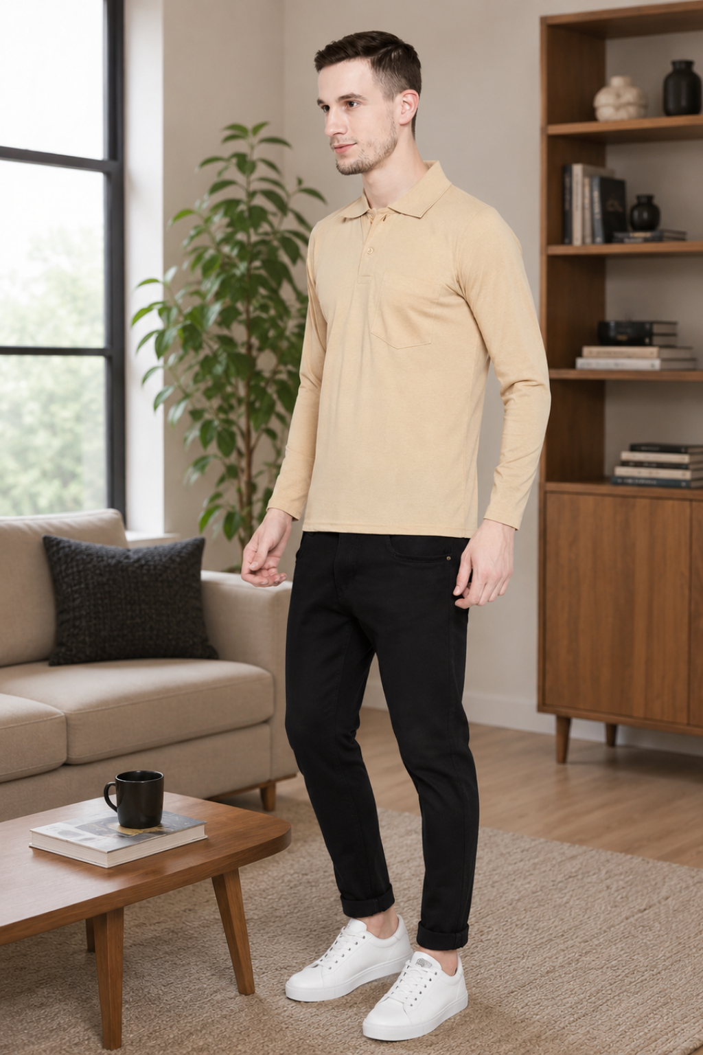 Men's Cream Full Sleeves Cotton Polo T-Shirt