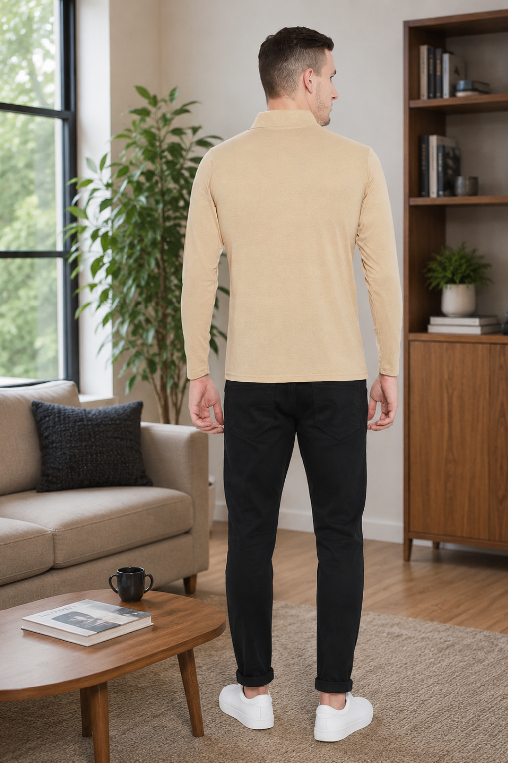 Men's Cream Full Sleeves Cotton Polo T-Shirt