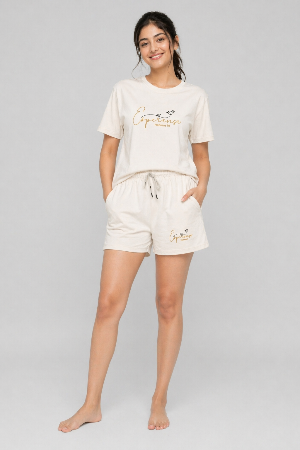 Women Cotton Nightwear Co-ord Set | T-Shirt & Shorts Lounge Set | Soft Comfortable Sleepwear Outfit (Cream, S)