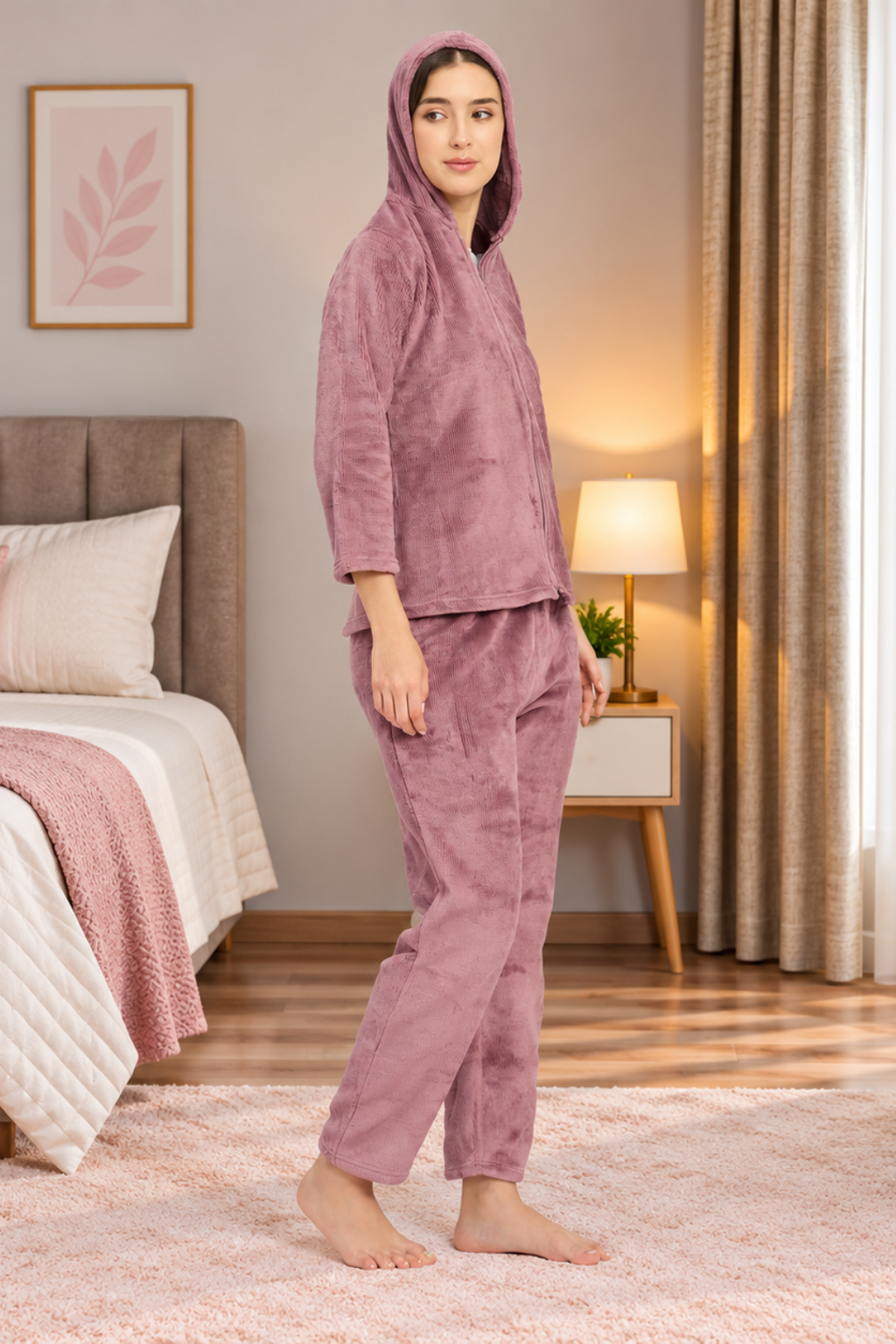 Women Winter Full Sleeve Jacquard Zipper Hoody Nightsuit