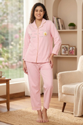 Women's Cotton Pajama Set, Long Sleeve Button-Down Top with Pants, Sleepwear, Pink