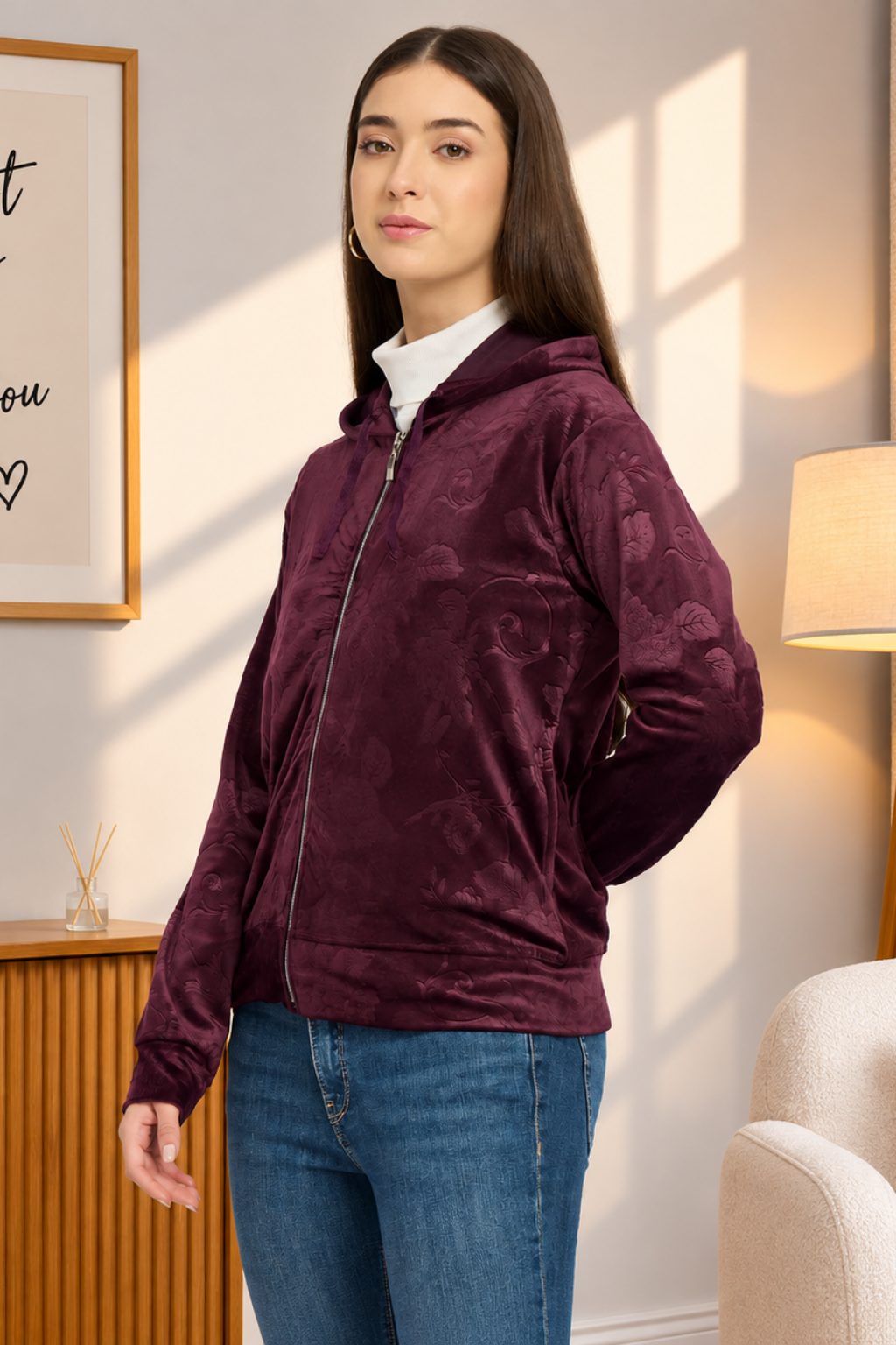 Women’s Floral Textured Zip-Up Hooded Sweatshirt