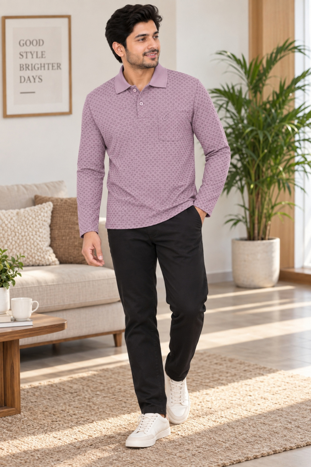 Men's Printed Full Sleeve T-Shirt For Men Polo Neck With Chest Pocket