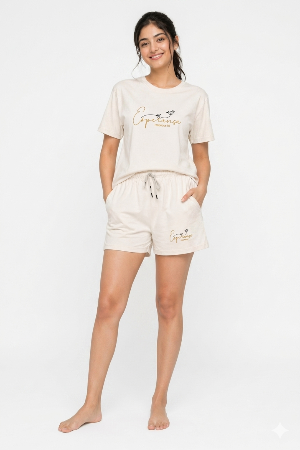 Women Cotton Nightwear Co-ord Set | T-Shirt & Shorts Lounge Set | Soft Comfortable Sleepwear Outfit (Cream, S)