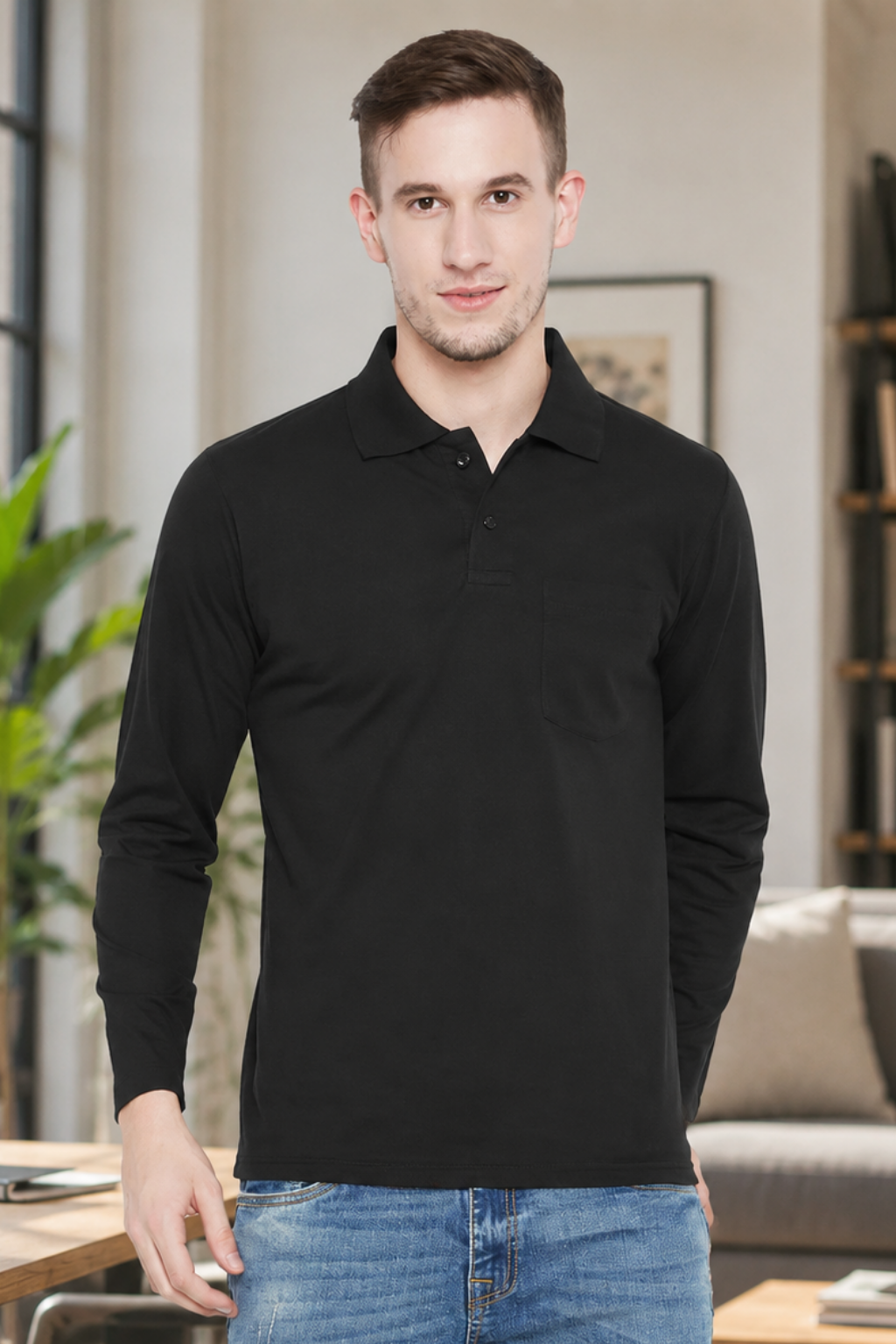 Camey Men's Tee Collection – Stylish & Functional Wear | Men's Black Full Sleeves Cotton Polo T-Shirt