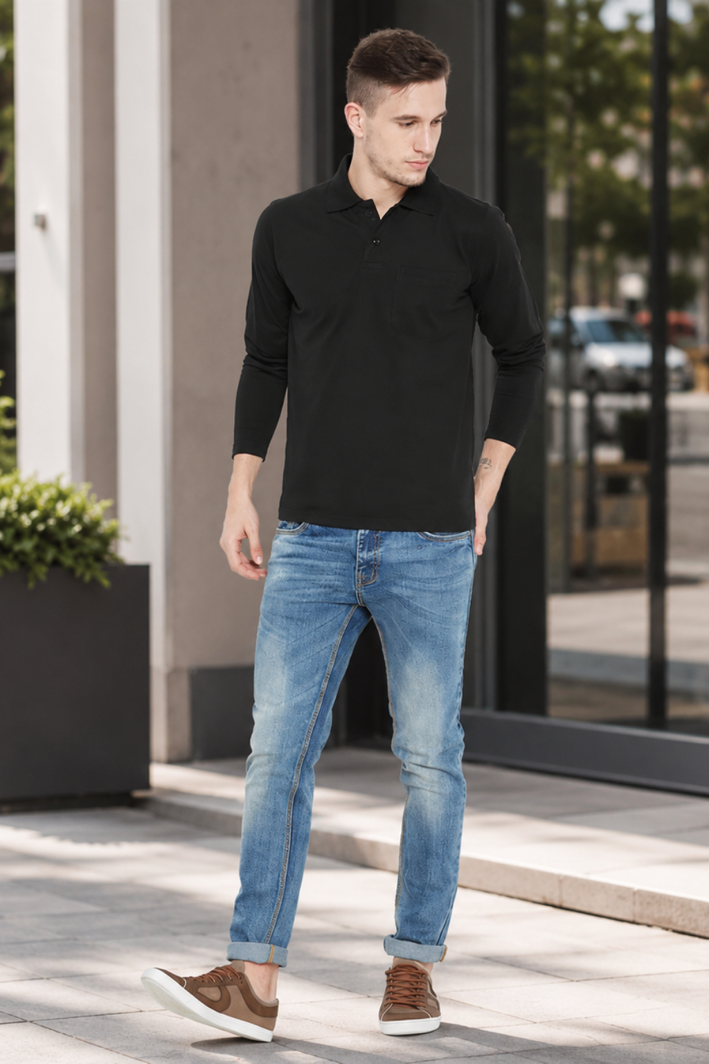 Camey Men's Tee Collection – Stylish & Functional Wear | Men's Black Full Sleeves Cotton Polo T-Shirt