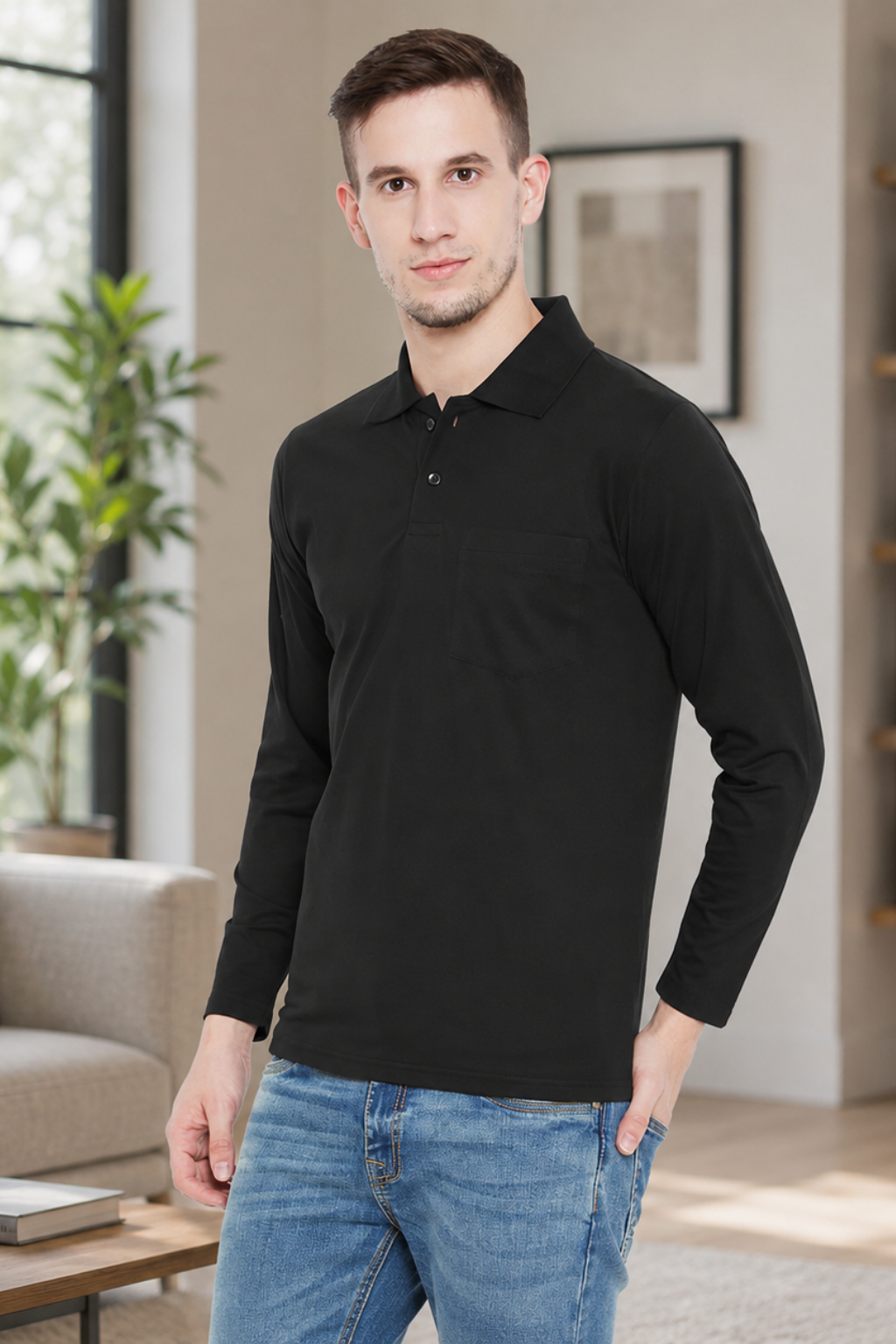 Camey Men's Tee Collection – Stylish & Functional Wear | Men's Black Full Sleeves Cotton Polo T-Shirt