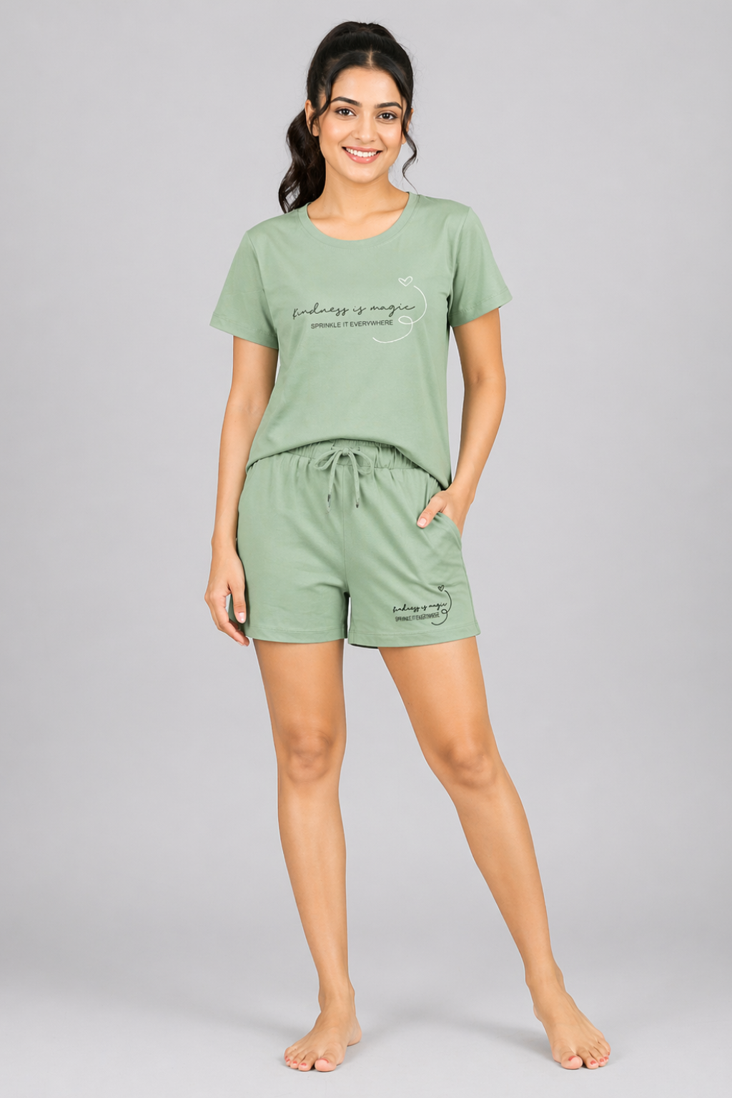 Women Cotton Nightwear Co-ord Set | T-Shirt & Shorts Lounge Set | Soft Comfortable Sleepwear Outfit (D. Green, S)