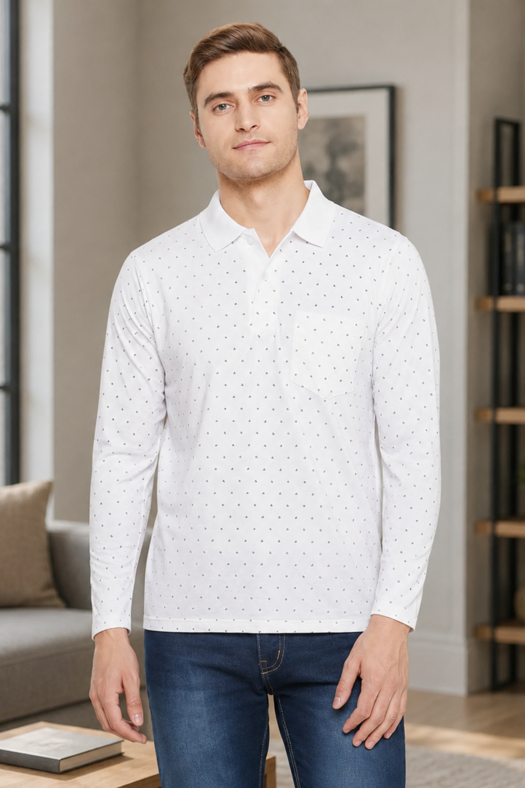 Camey Men's Graphic Tees – Strong Prints, Soft Cotton | Men's White Full Sleeves Cotton Polo Printed T-Shirt