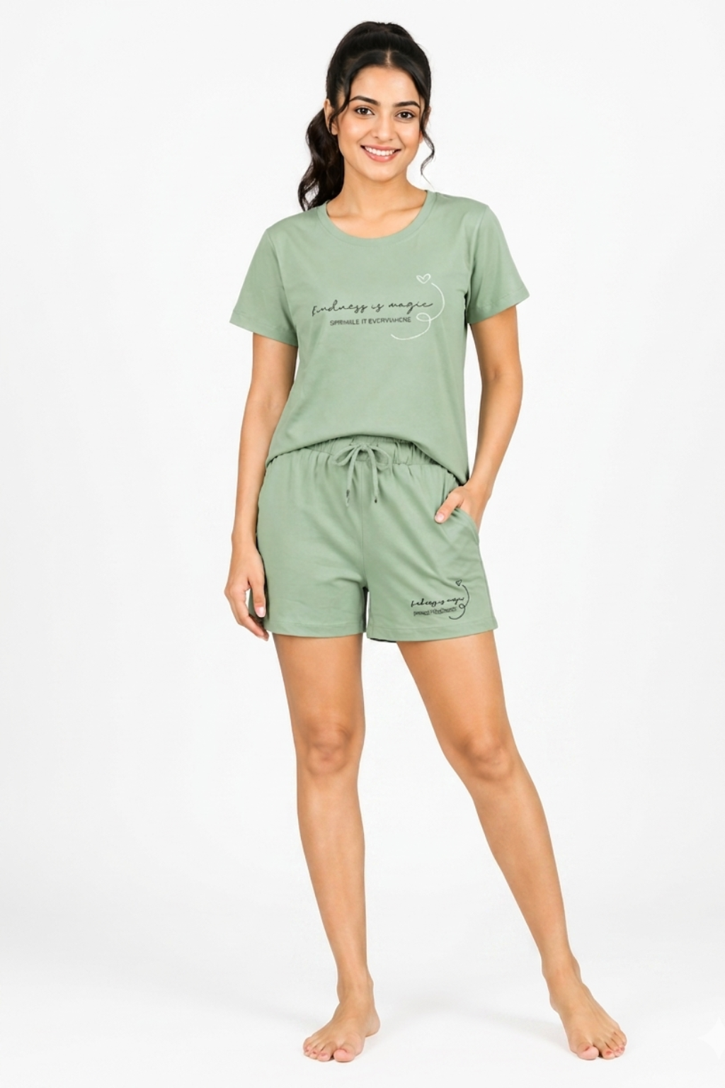 Women Cotton Nightwear Co-ord Set | T-Shirt & Shorts Lounge Set | Soft Comfortable Sleepwear Outfit (D. Green, S)