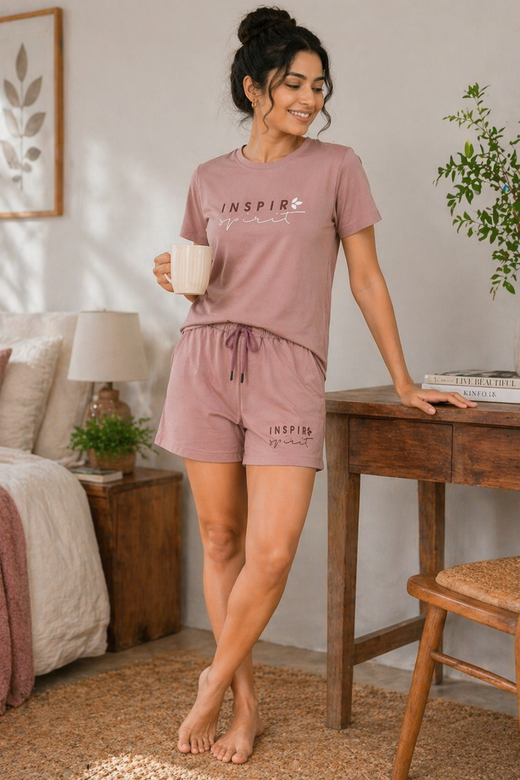 Women Cotton Nightwear Co-ord Set | T-Shirt & Shorts Lounge Set | Soft Comfortable Sleepwear Outfit (Mauve, S)