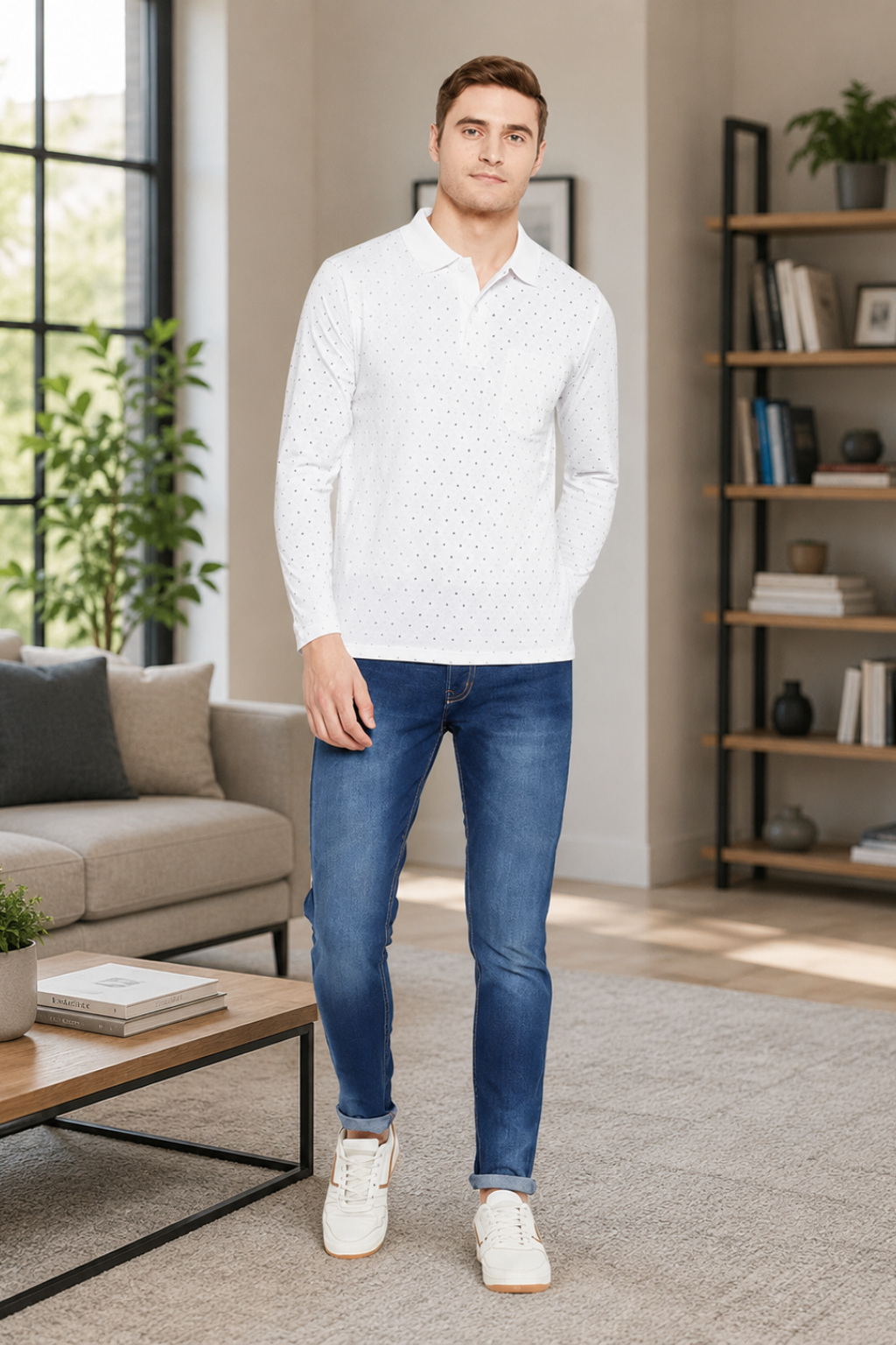 Camey Men's Graphic Tees – Strong Prints, Soft Cotton | Men's White Full Sleeves Cotton Polo Printed T-Shirt