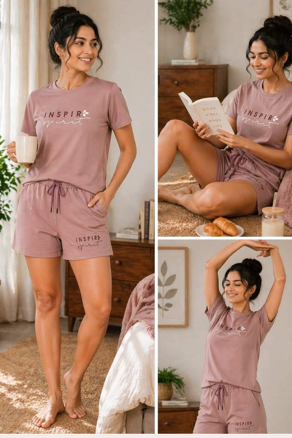 Women Cotton Nightwear Co-ord Set | T-Shirt & Shorts Lounge Set | Soft Comfortable Sleepwear Outfit (Mauve, S)