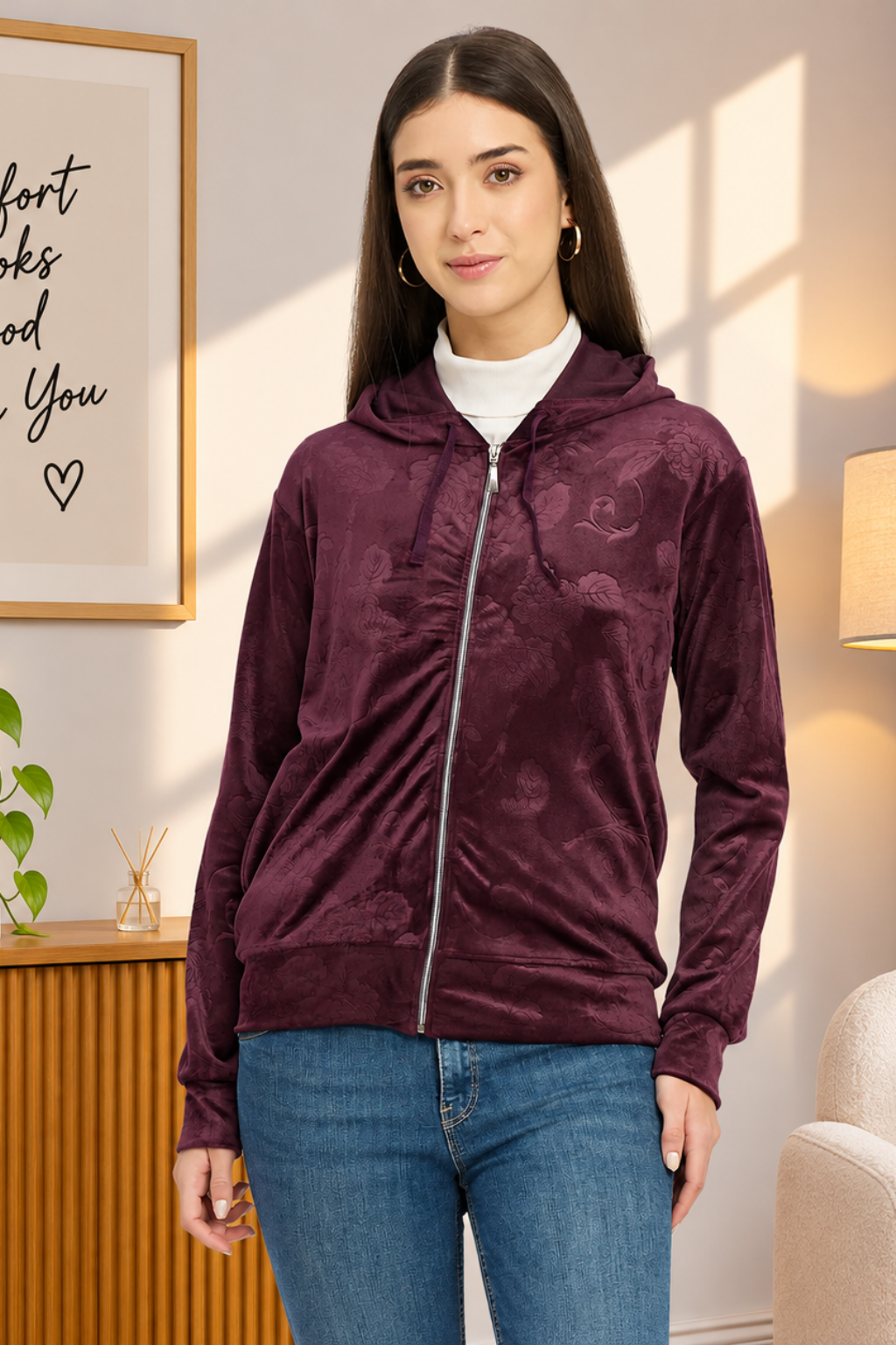 Women’s Floral Textured Zip-Up Hooded Sweatshirt