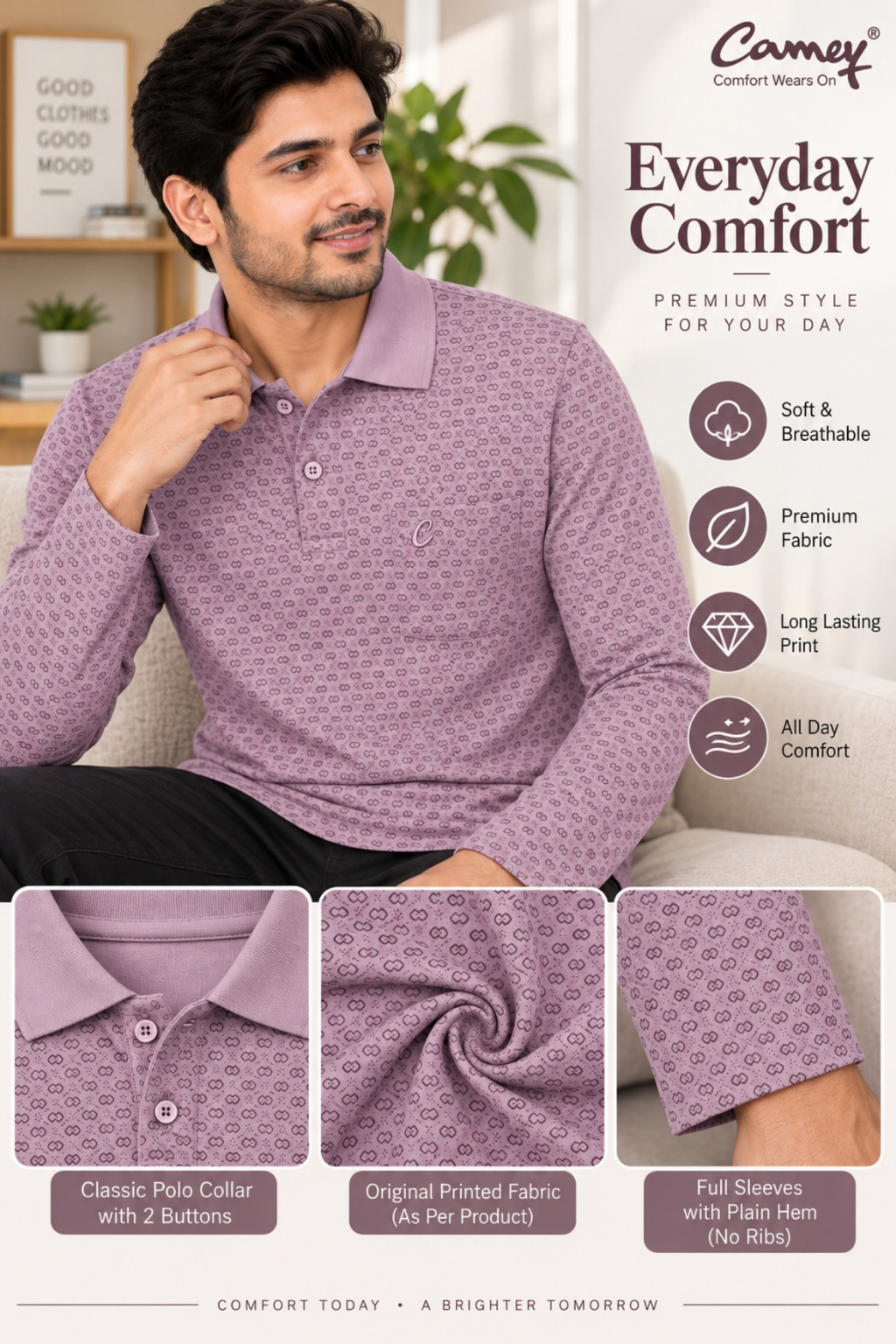 Men's Printed Full Sleeve T-Shirt For Men Polo Neck With Chest Pocket