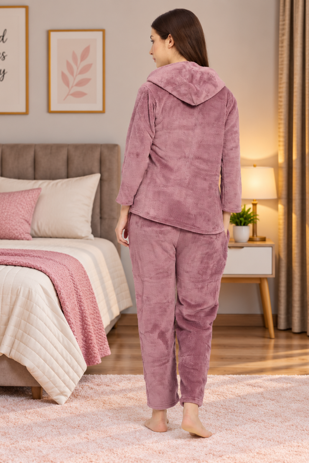 Women Winter Full Sleeve Jacquard Zipper Hoody Nightsuit