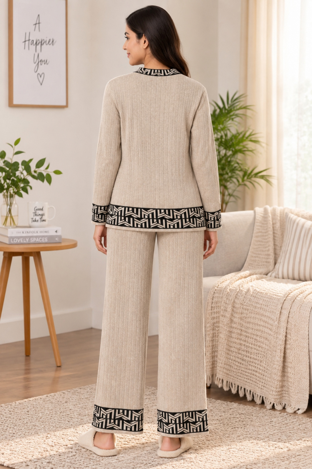 Camey Women Woolen Lounge Wear Set | Full Sleeve with Wide Leg Pants | Soft Warm Winter Co-Ord Set