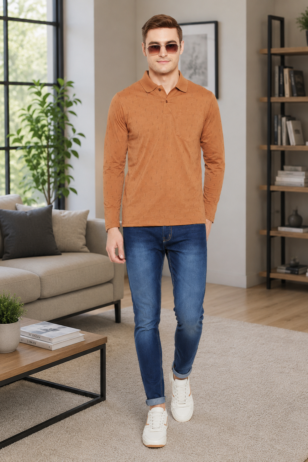 Camey Men's T-Shirts – Soft, Great Everyday Fit | Men's Mustard Full Sleeves Cotton Polo Printed T-Shirt