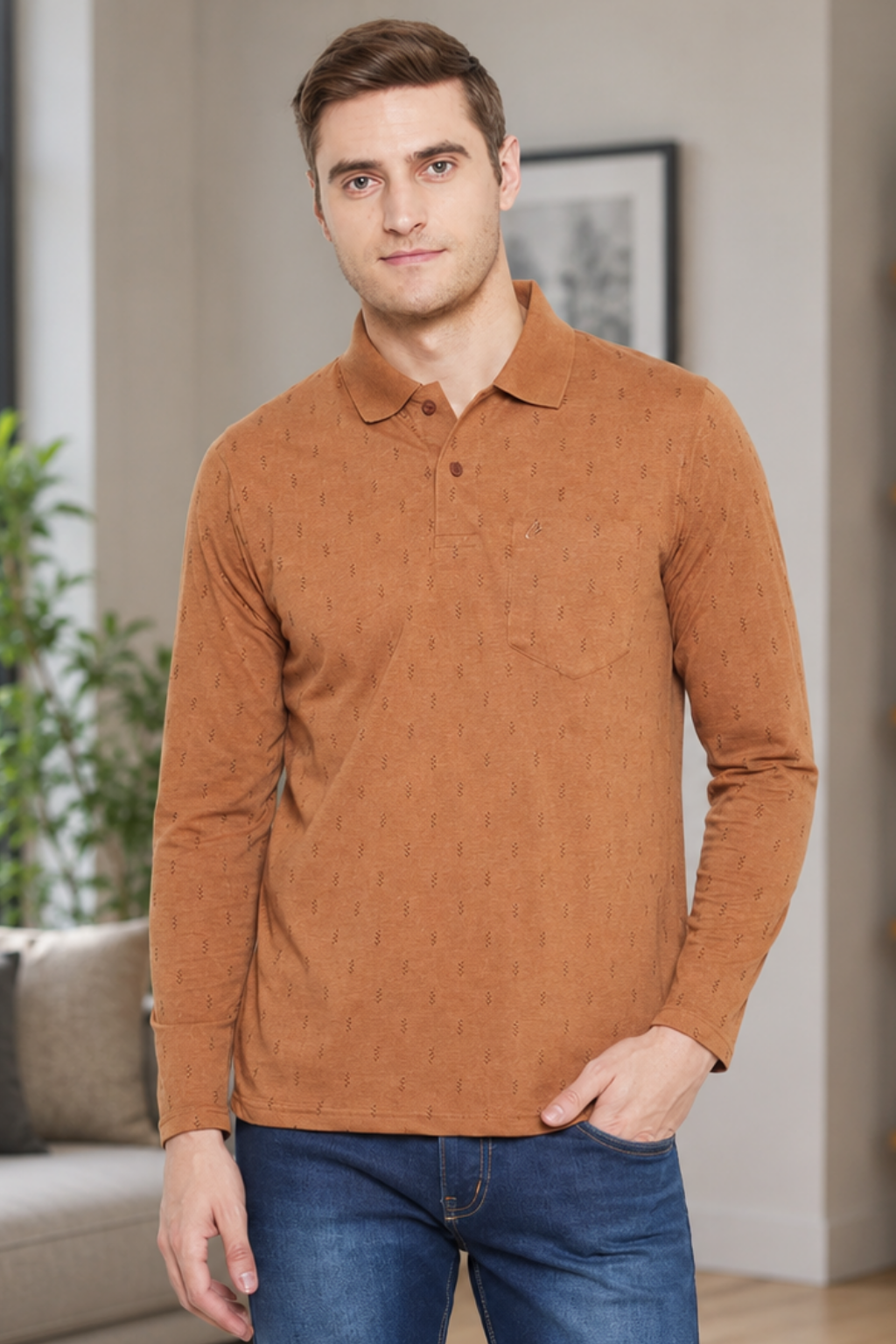 Camey Men's T-Shirts – Soft, Great Everyday Fit | Men's Mustard Full Sleeves Cotton Polo Printed T-Shirt