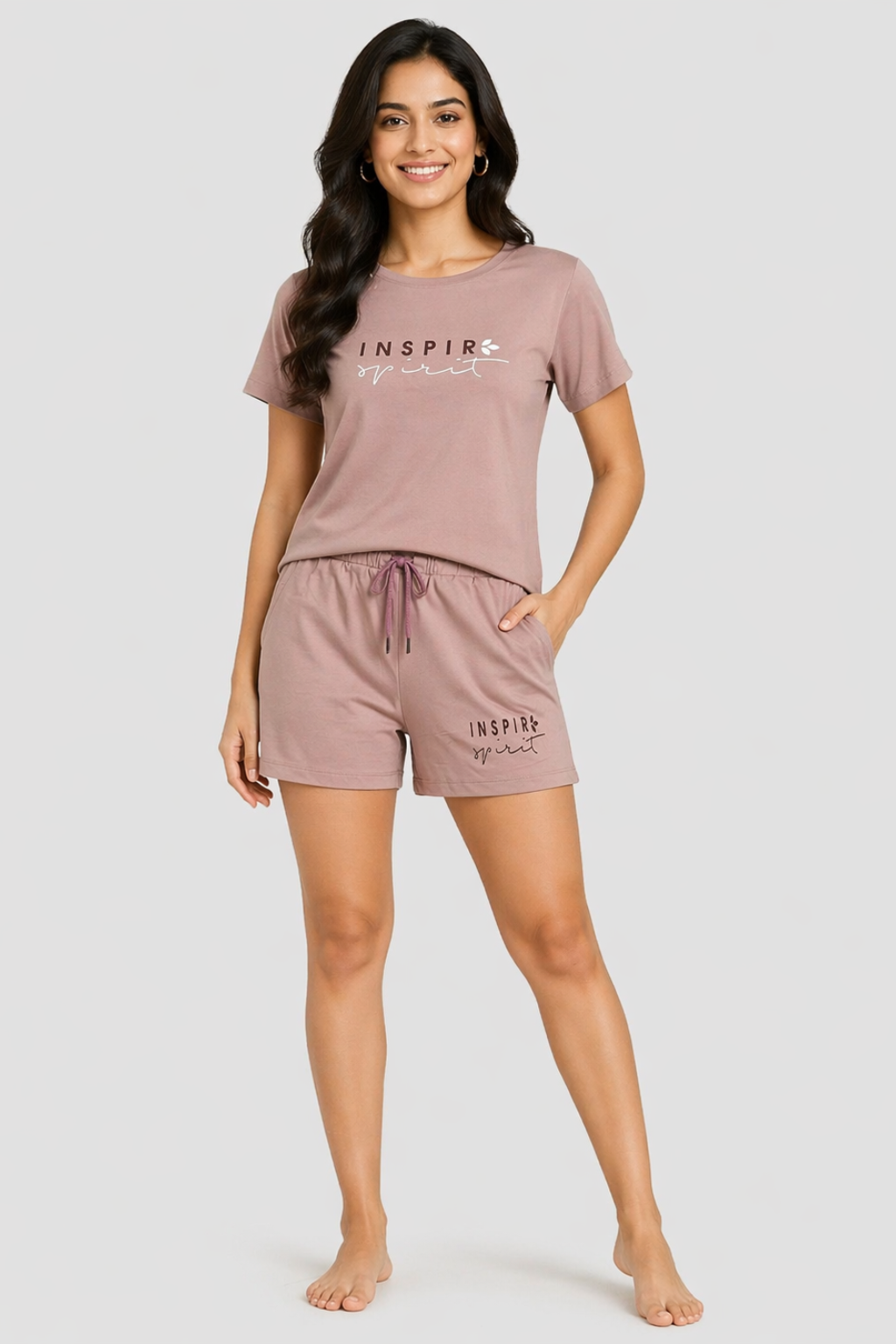 Women Cotton Nightwear Co-ord Set | T-Shirt & Shorts Lounge Set | Soft Comfortable Sleepwear Outfit (Mauve, S)