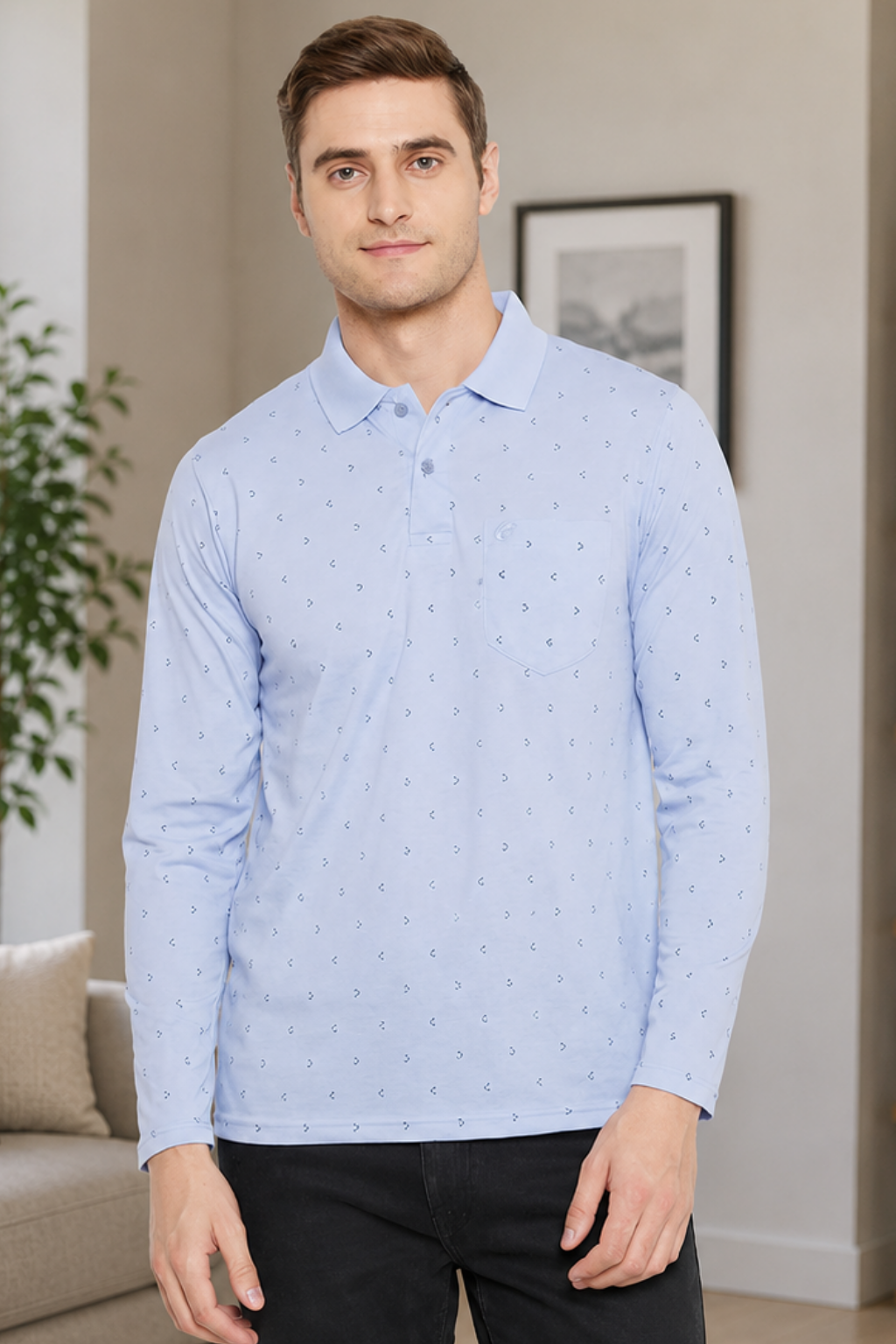 Camey Men's T-Shirts – Stylish & Comfortable Daily Wear | Men's Light Blue Full Sleeves Cotton Polo Printed T-Shirt