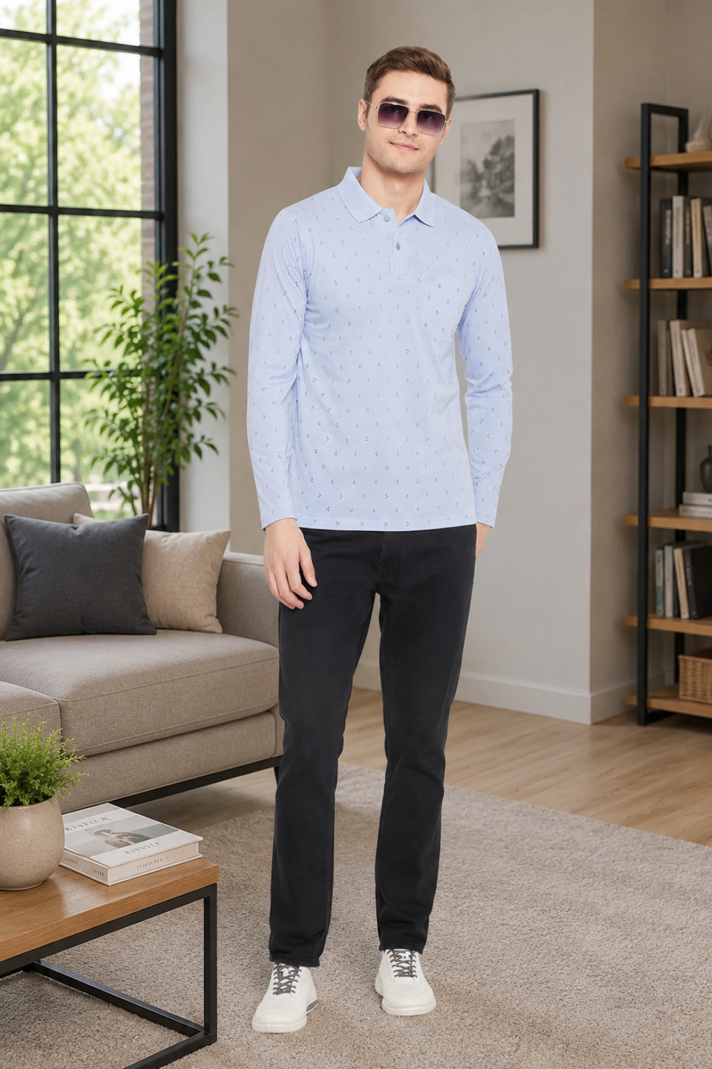 Camey Men's T-Shirts – Stylish & Comfortable Daily Wear | Men's Light Blue Full Sleeves Cotton Polo Printed T-Shirt