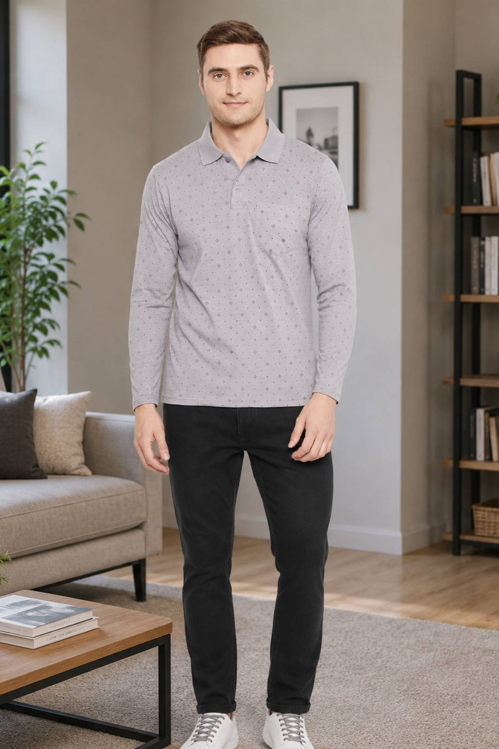 Camey Men's T-Shirts – Trendy Printed Tees for Casual Look | Men's Dark Grey Full Sleeves Cotton Polo Printed T-Shirt