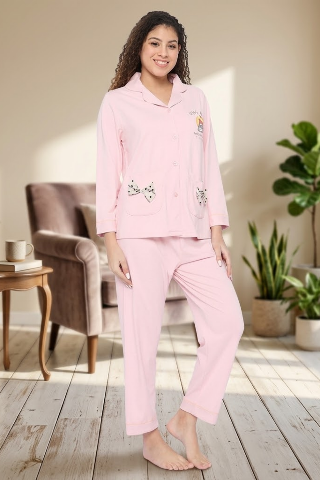 Cotton Pajama Set for Women, Long Sleeve Button-Down Top with Bow Pockets and Full-Length Pants, Pink
