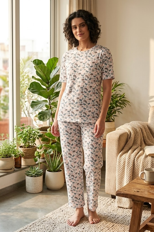 Camey Floral Printed Women Night Suit Set | Soft Cotton Blend Night Suit for Women