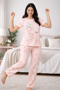 Women Viscose Pyjama Set Cute Prints Nightwear Soft Breathable Sleepwear Short Sleeve Top & Full Length Pajama Pants Lounge Set