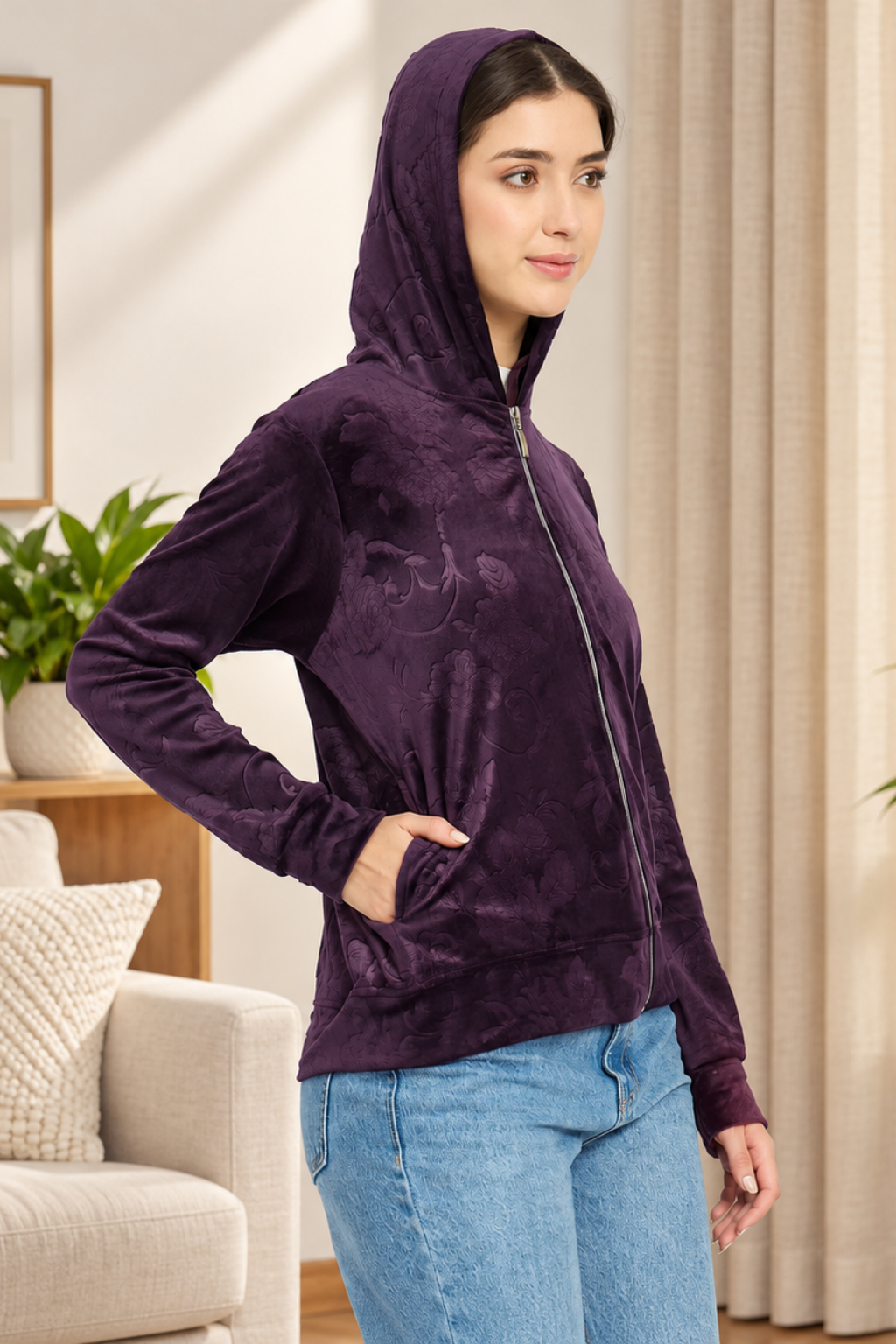 Women’s Floral Textured Zip-Up Hooded Sweatshirt