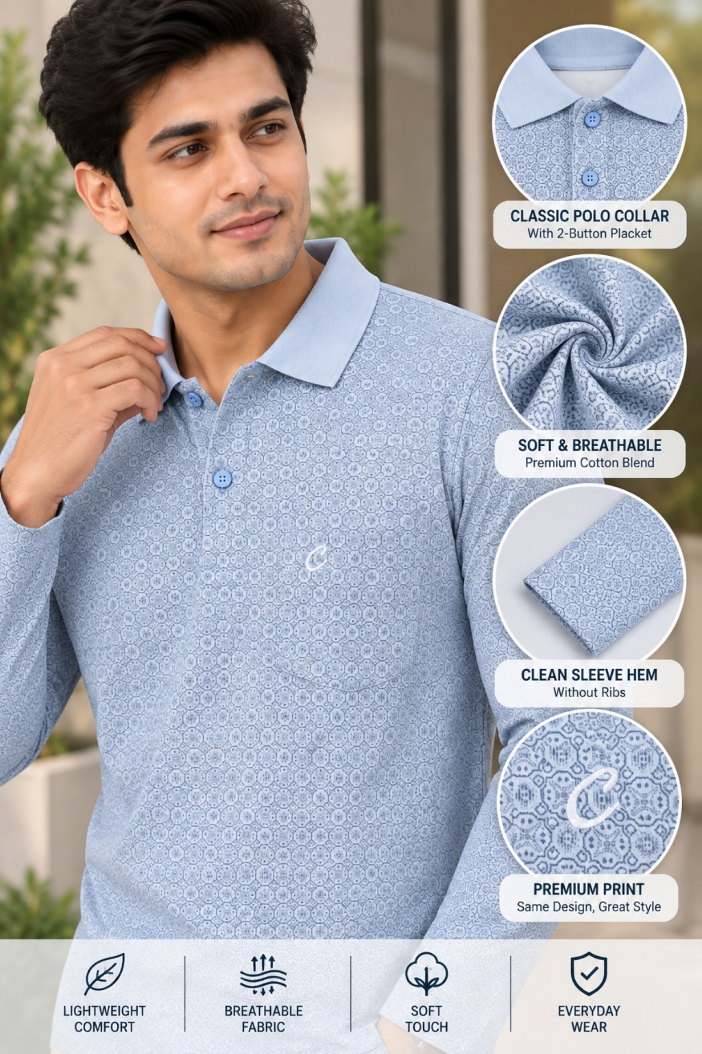 Men's Printed Full Sleeve T-Shirt For Men Polo Neck With Chest Pocket