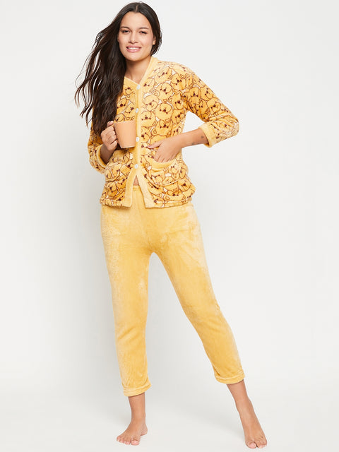 Women Printed Winter Full Sleeve Front open Top and Pajama Pants