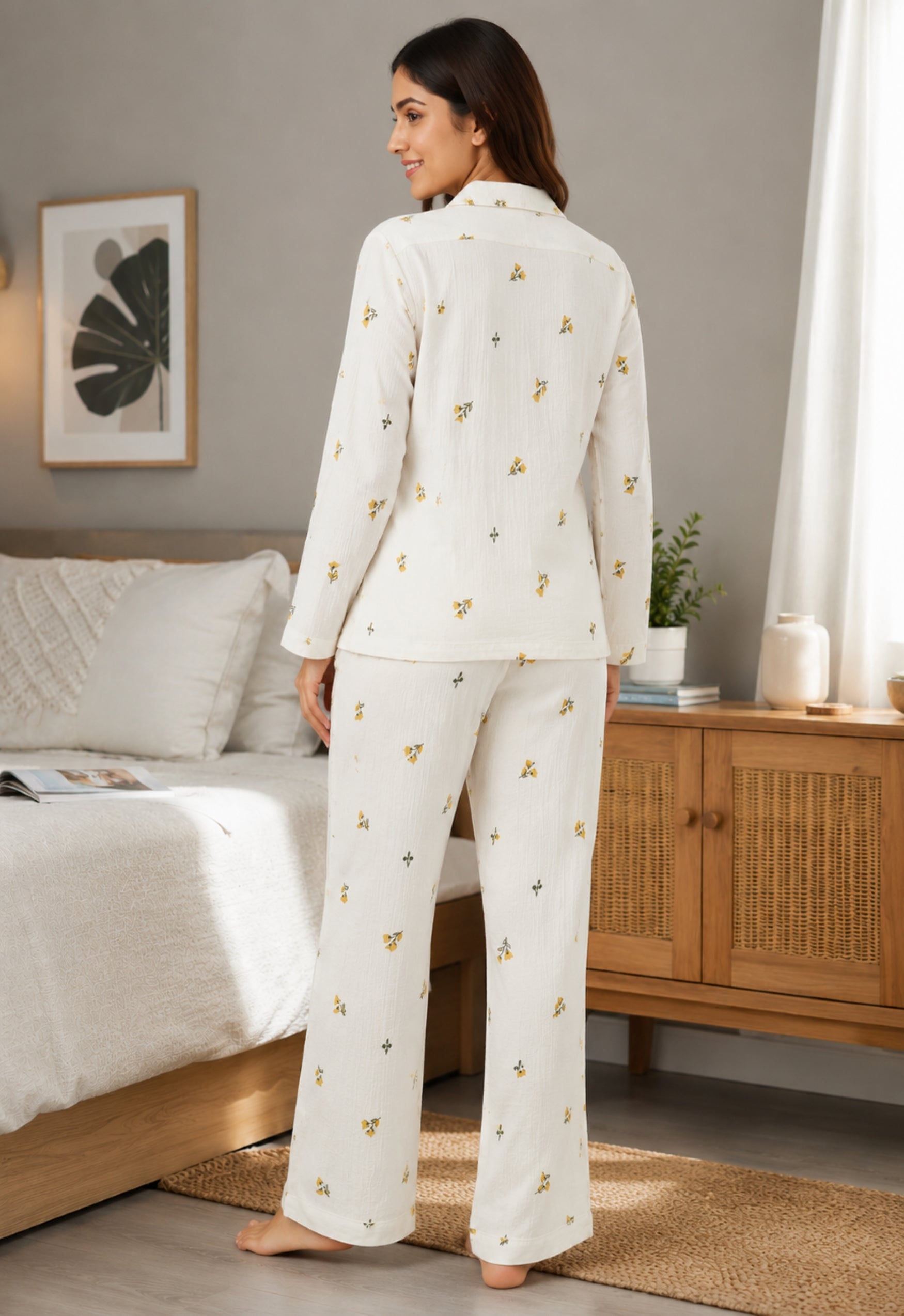 Women Night Suit Cotton Muslin Pyjama Set | Soft Printed Full Sleeve Sleepwear