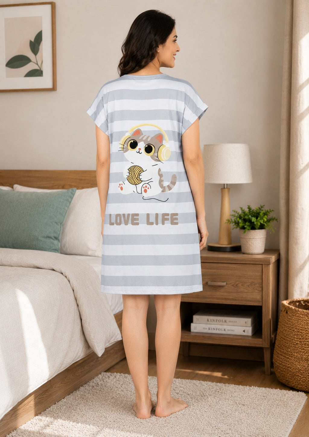 Women's Cute Cartoon Printed Knee Length Nighty | Soft Comfortable Loose Fit Short Sleeve Nighty for Women