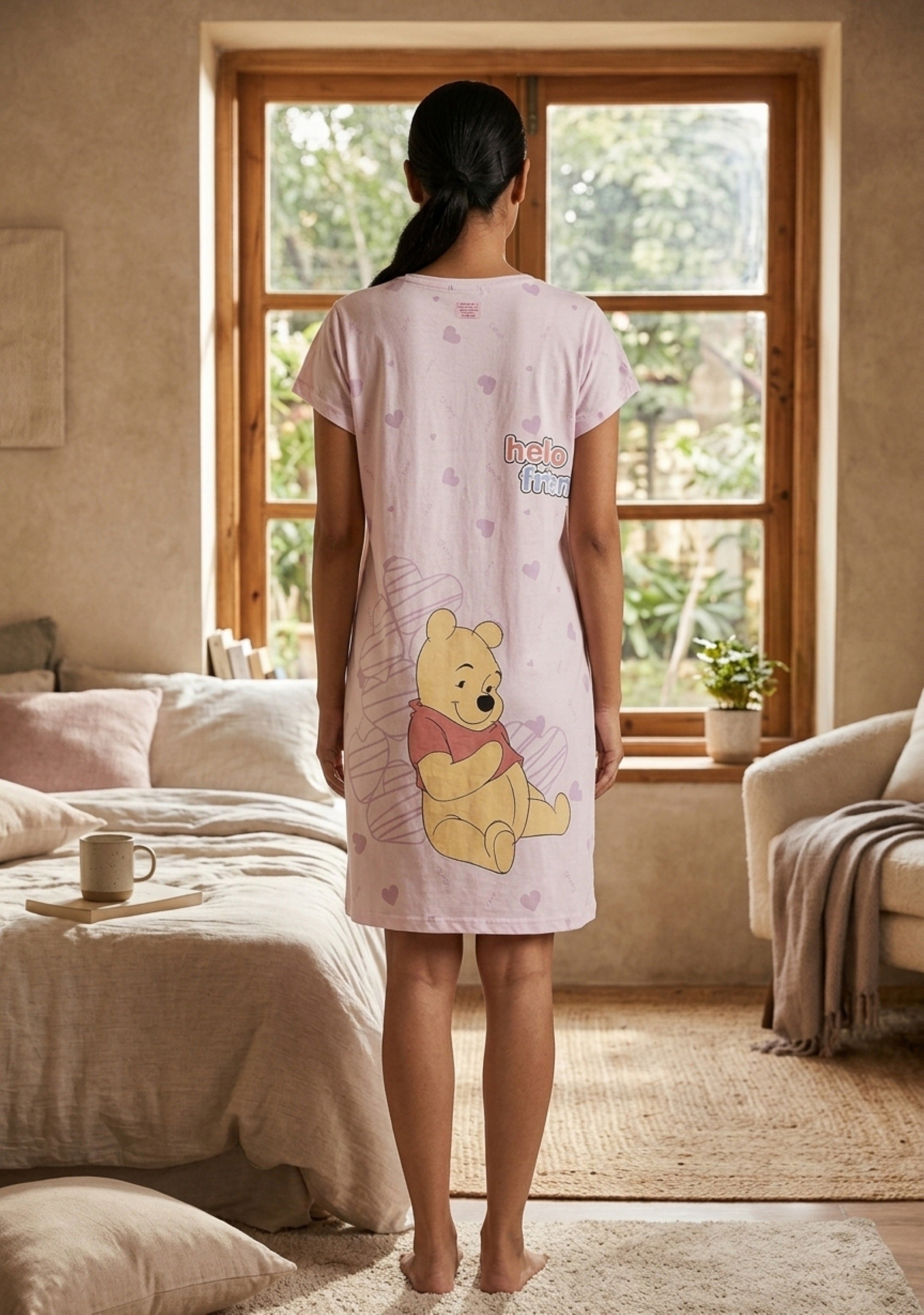 Women's Cute Cartoon Printed Knee Length Nighty | Soft Comfortable Loose Fit Short Sleeve Nighty for Women