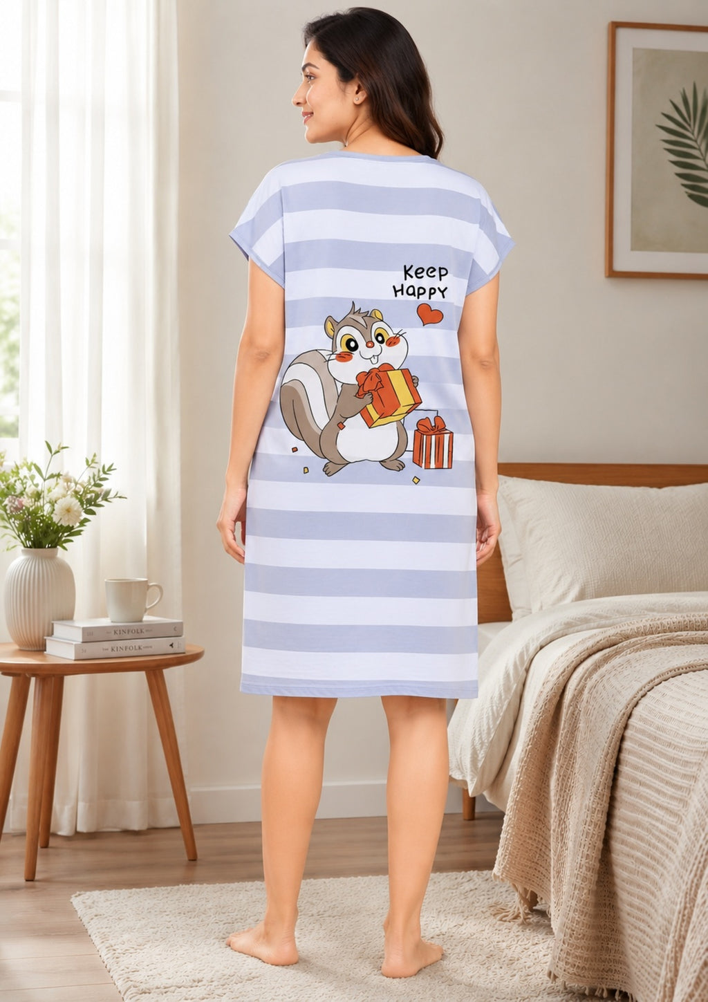 Women's Cute Cartoon Printed Knee Length Nighty | Soft Comfortable Loose Fit Short Sleeve Nighty for Women