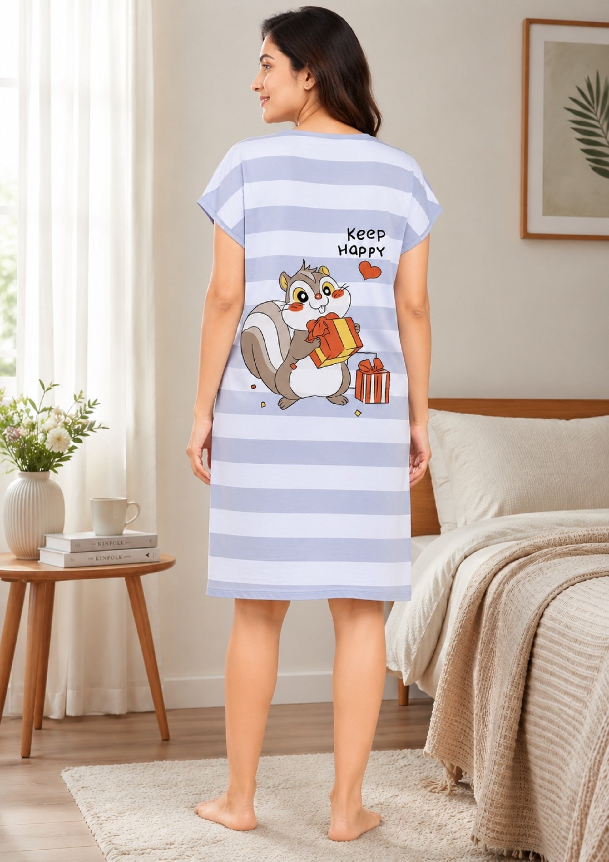 Women's Cute Cartoon Printed Knee Length Nighty | Soft Comfortable Loose Fit Short Sleeve Nighty for Women