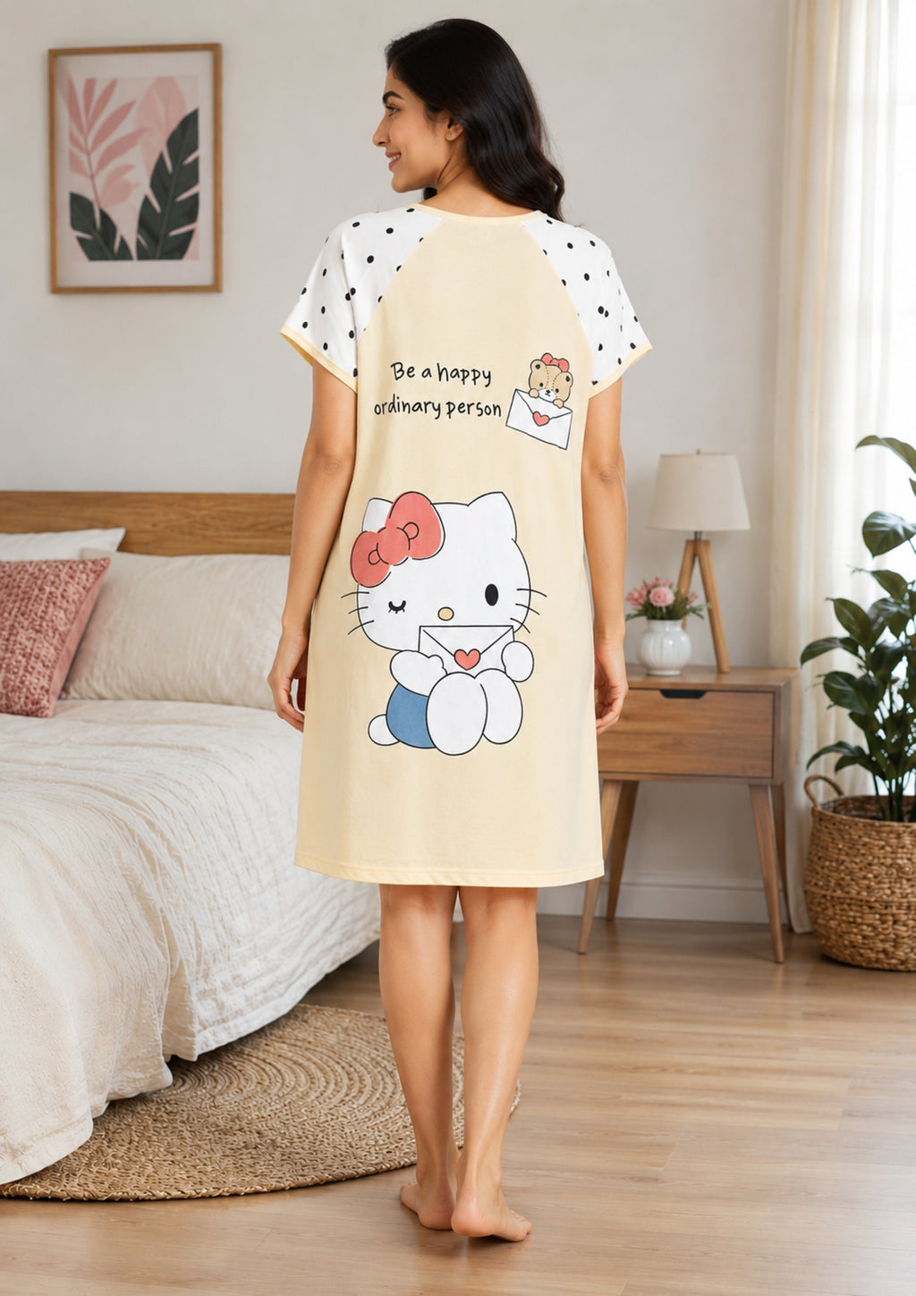 Women's Cute Cartoon Printed Knee Length Nighty | Soft Comfortable Loose Fit Short Sleeve Nighty for Women