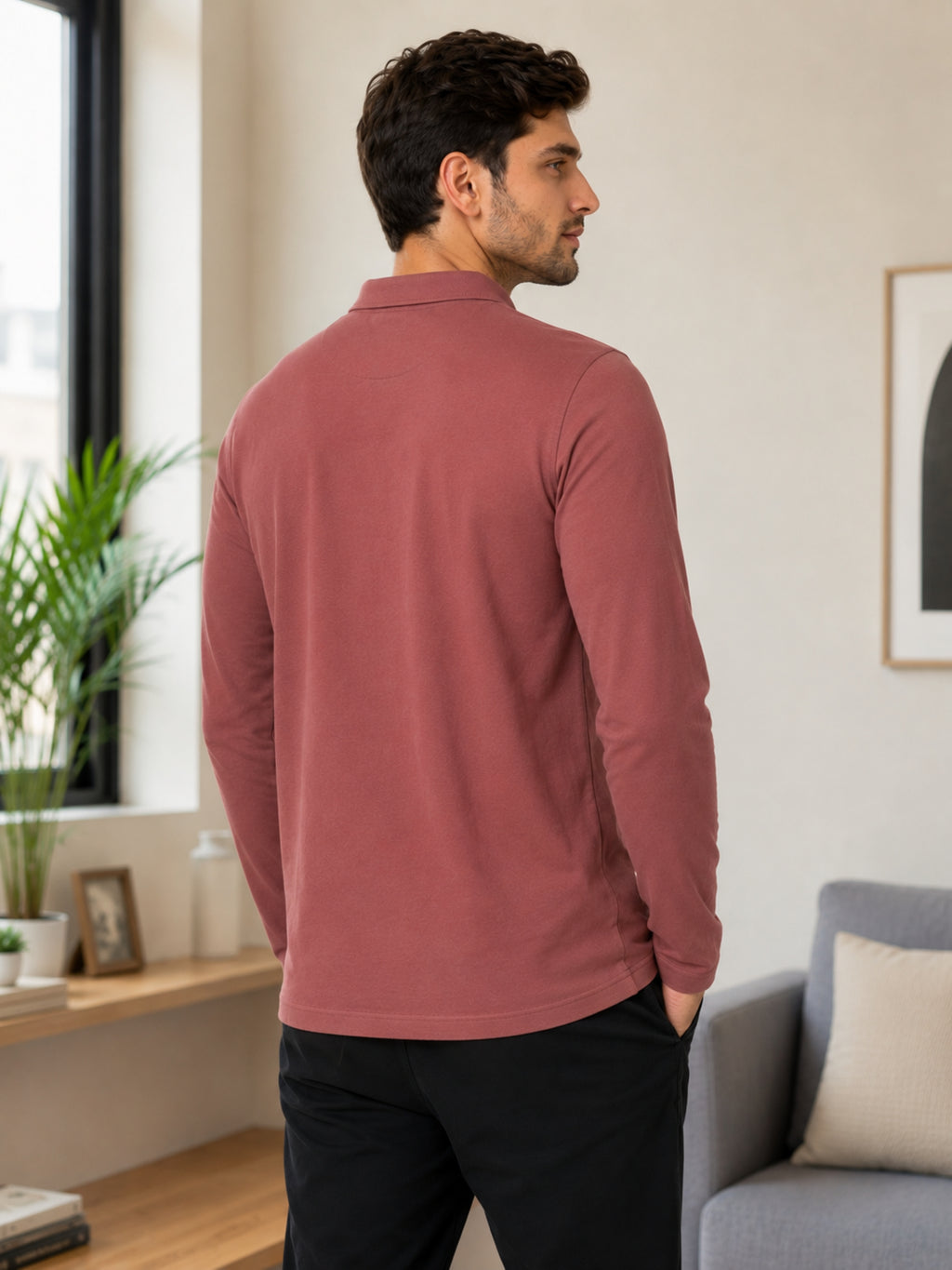 Camey Men's Plain Solid Long Sleeve Polo T-Shirt for men | Collared Casual Cotton Blend Tee with Chest Pocket