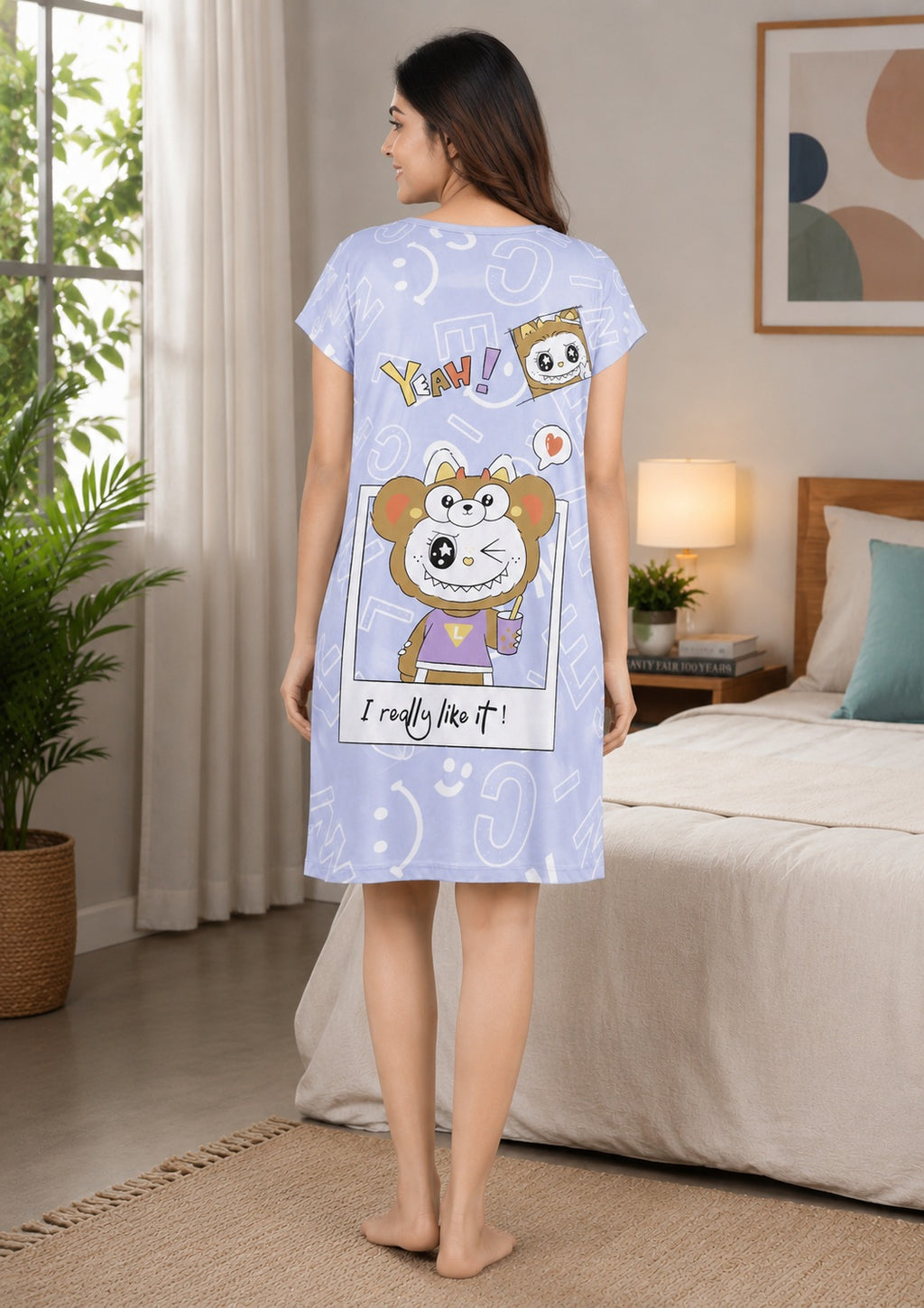 Women's Cute Cartoon Printed Knee Length Nighty | Soft Comfortable Loose Fit Short Sleeve Nighty for Women