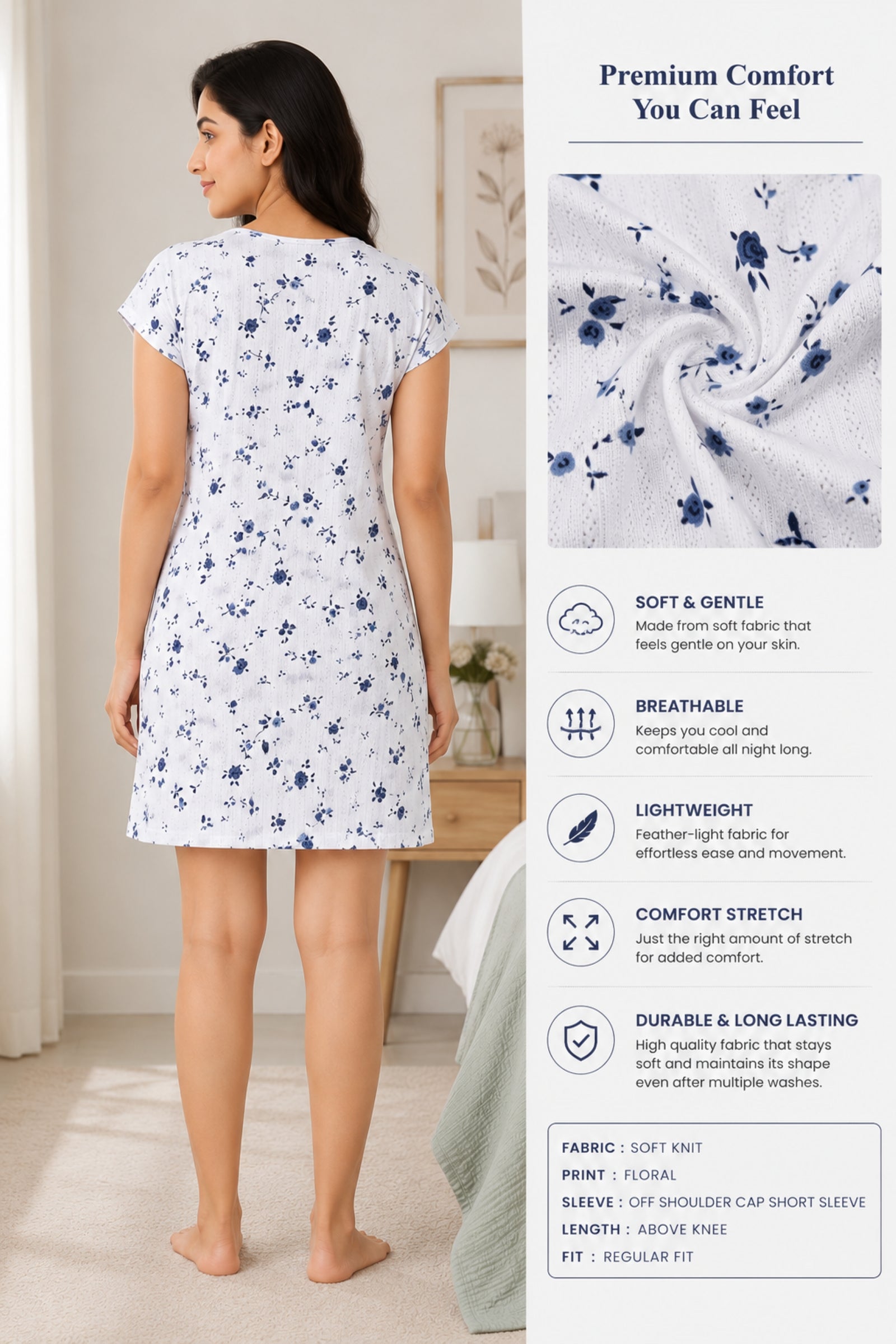 Women’s Knee Length Nighty | Soft Comfortable Sleepwear | Cap Sleeve Short Night Dress