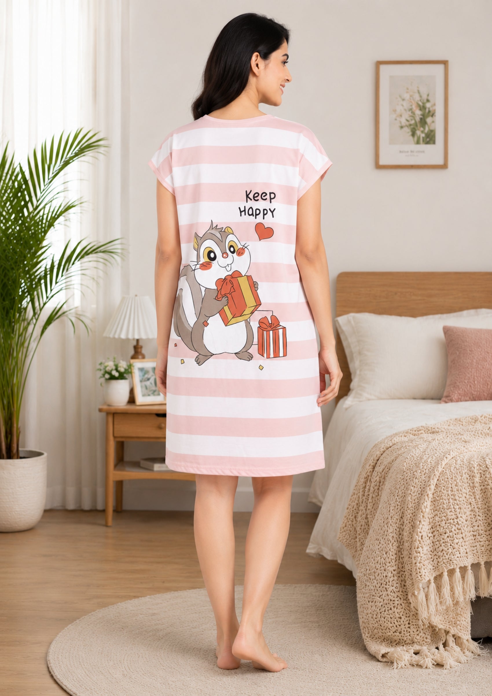 Women's Cute Cartoon Printed Knee Length Nighty | Soft Comfortable Loose Fit Short Sleeve Nighty for Women