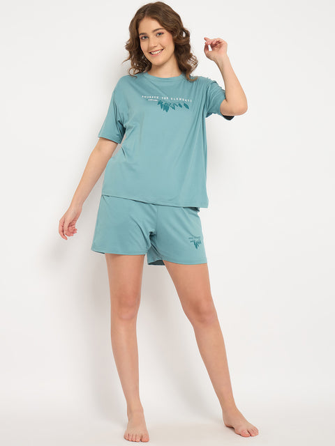 Women's Cotton Loungewear Set, Short Sleeve T-Shirt and Shorts, Teal
