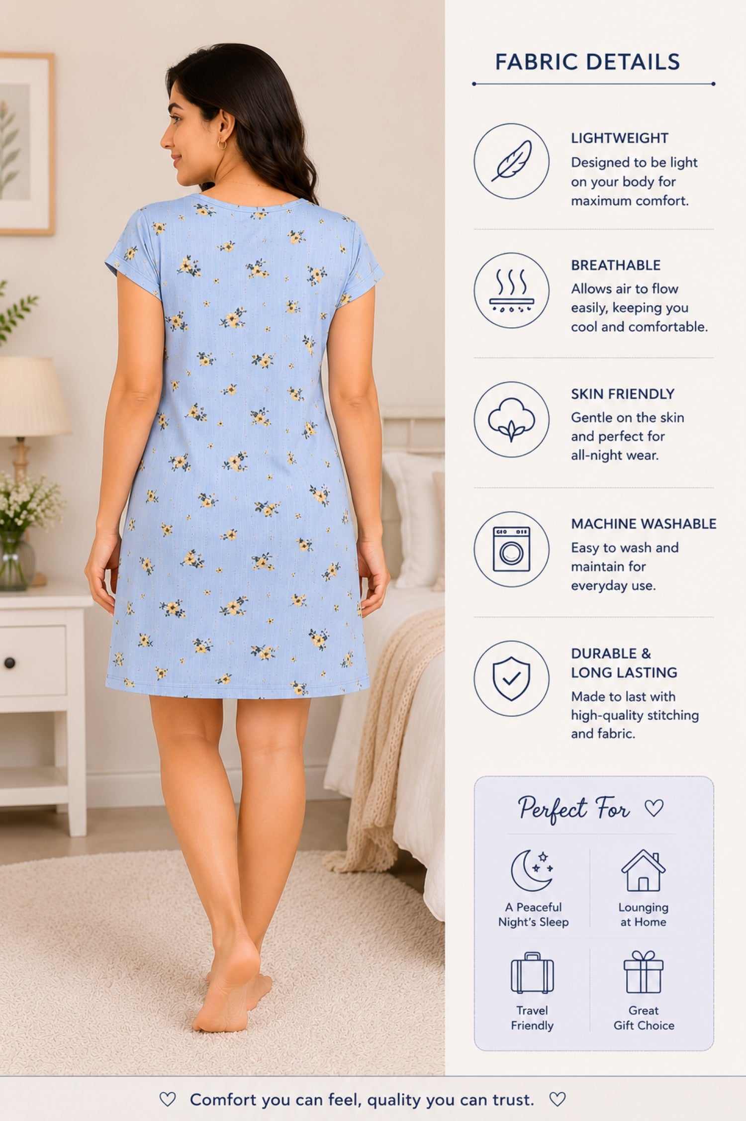 Women’s Knee Length Nighty | Soft Comfortable Sleepwear | Cap Sleeve Short Night Dress