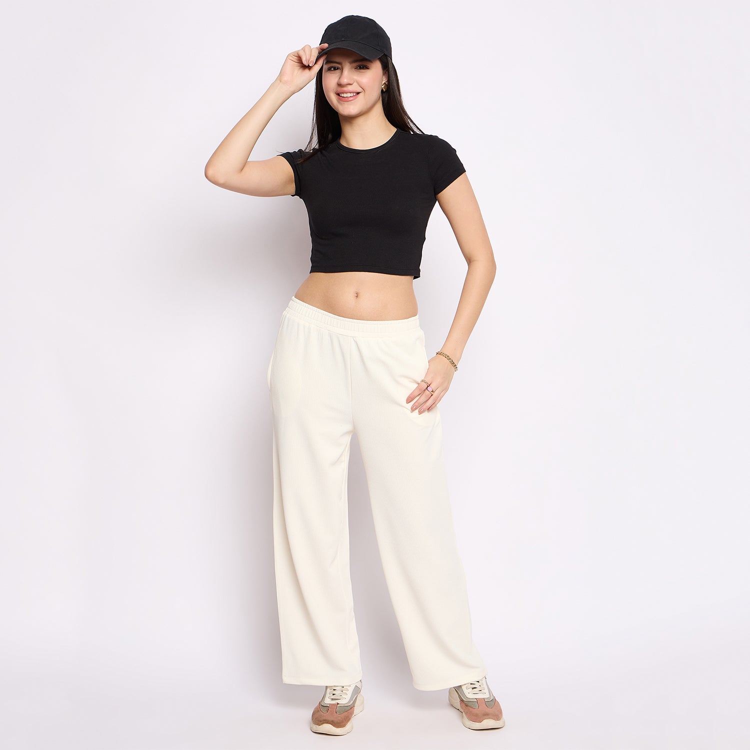 Women's Palazzo Pants with Pockets, Wide Leg, Ribbed Pattern, Elastic Waistband, Cream