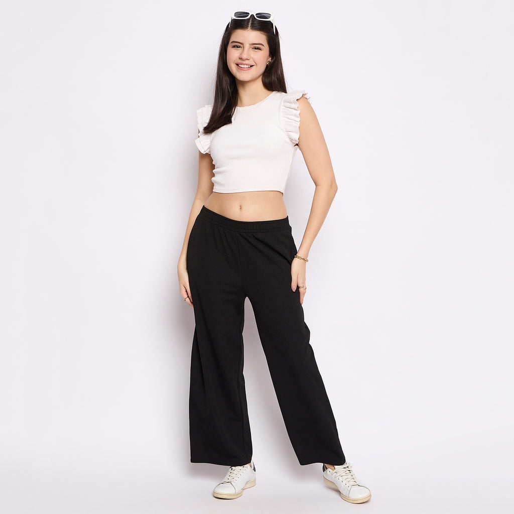 Women's Palazzo Pants with Pockets, Wide Leg, Ribbed Pattern, Elastic Waistband, Black