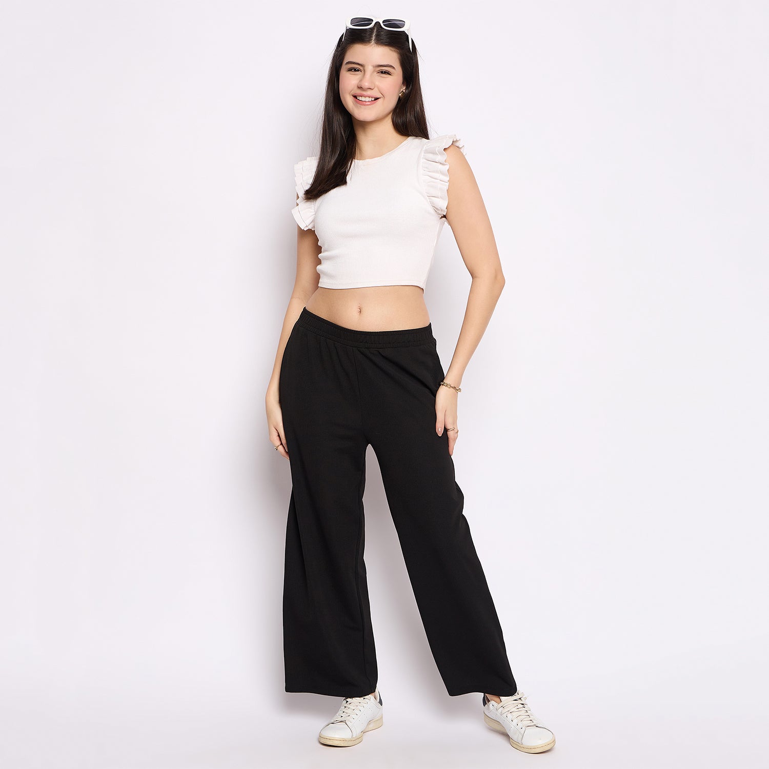 Women's Palazzo Pants with Pockets, Wide Leg, Ribbed Pattern, Elastic Waistband, Black