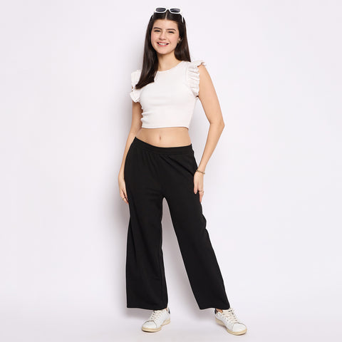 Women's Palazzo Pants with Pockets, Wide Leg, Ribbed Pattern, Elastic Waistband, Black