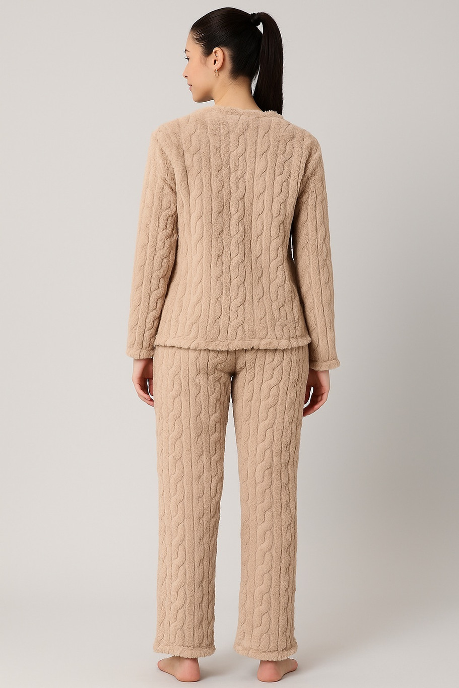 Camey Women Fleece Winter Night Suit Set | Cable Knit Textured Night Suit